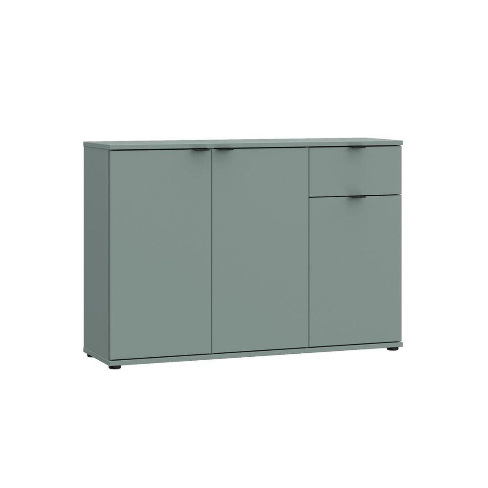 GNMK231L-U59 MEHRZWECK-ROLLCONTAINER SAGEGRÜN MIT DREI TÜREN + 1 SCHUBLADE B120CM