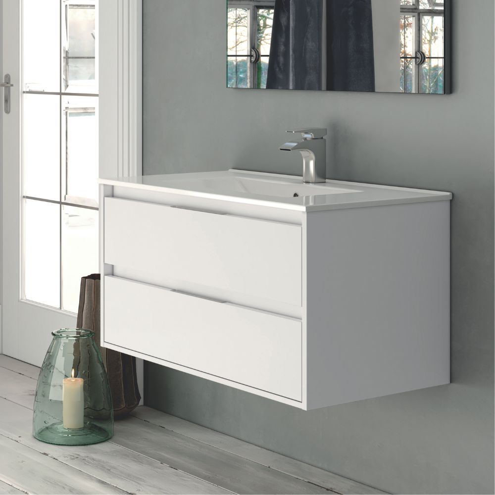 Hängender Badezimmerschrank mit 2 Schubladen, hochglänzend weiß lackiert, 80x45x48H cm - Konni