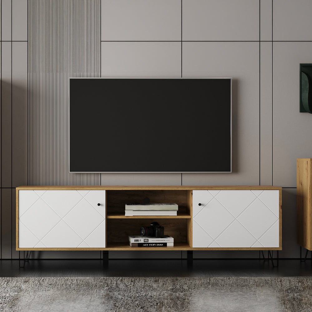 Mobile porta TV con 2 ante e vano colore rovere e bianco - Bollo