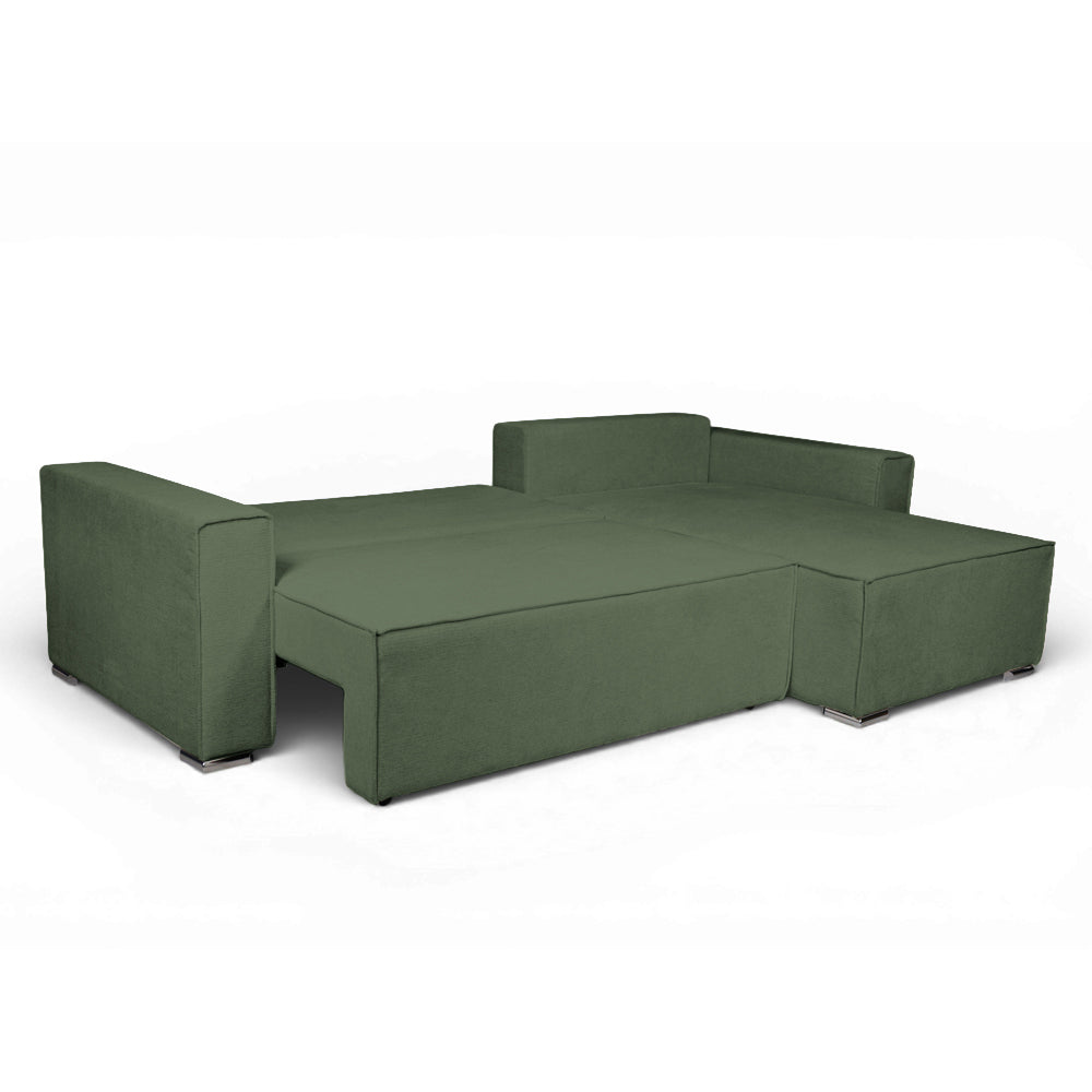 Divano angolare verde con letto Easy Open, contenitore e penisola reversibile Emily