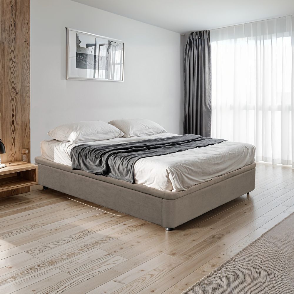 Letto matrimoniale con contenitore in tessuto taupe 162x192x39H Sommier
