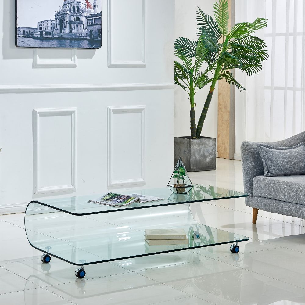 Tavolino basso in vetro temperato curvato con ruote 100x60x39H Magnolia
