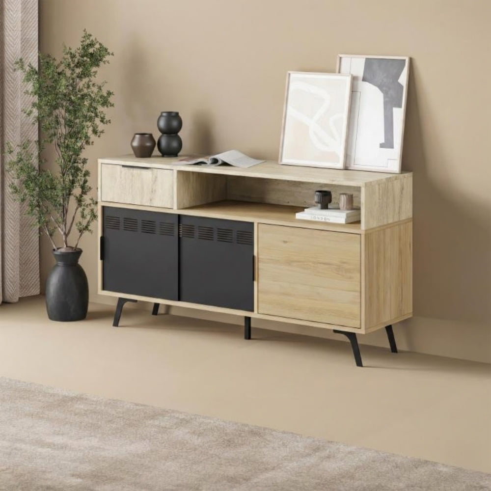 Madia con ante scorrevoli in metallo e cassetto rovere e travertino L 140 cm Lulia