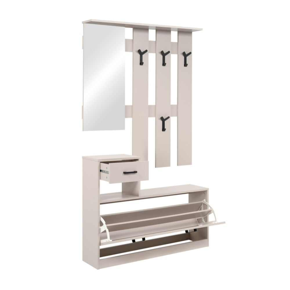 Mobile ingresso con specchio, appendiabiti, cassetto e scarpiera colore beige Rudolf