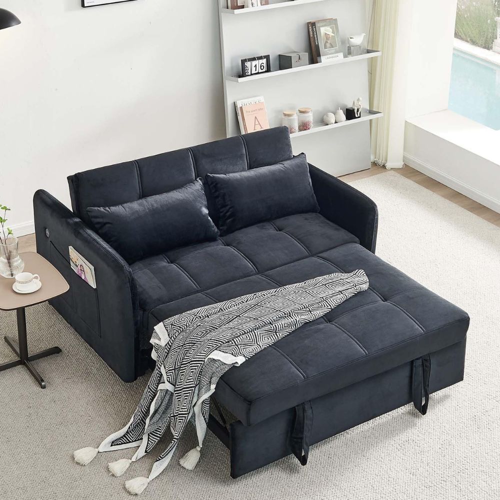 Divano letto in velluto nero con porta USB e tasca laterale 140,5x94,5x82H Clorene