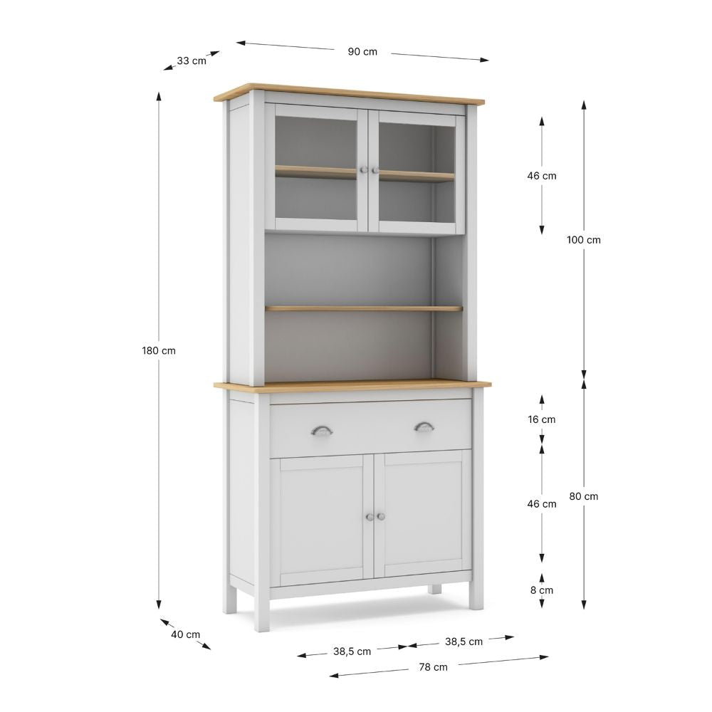 Buffet en bois massif avec vitrine, portes et tiroirs couleur blanc et chêne 90x40x180H cm - Herti