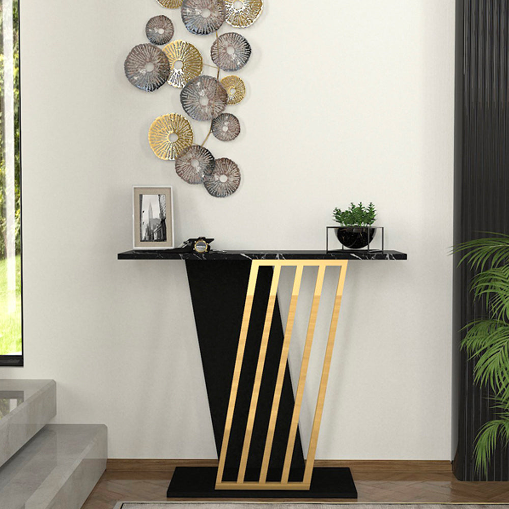 Konsole GRAVITY Schwarz mit goldenem Beingriff und Platte in schwarzer Marmoroptik