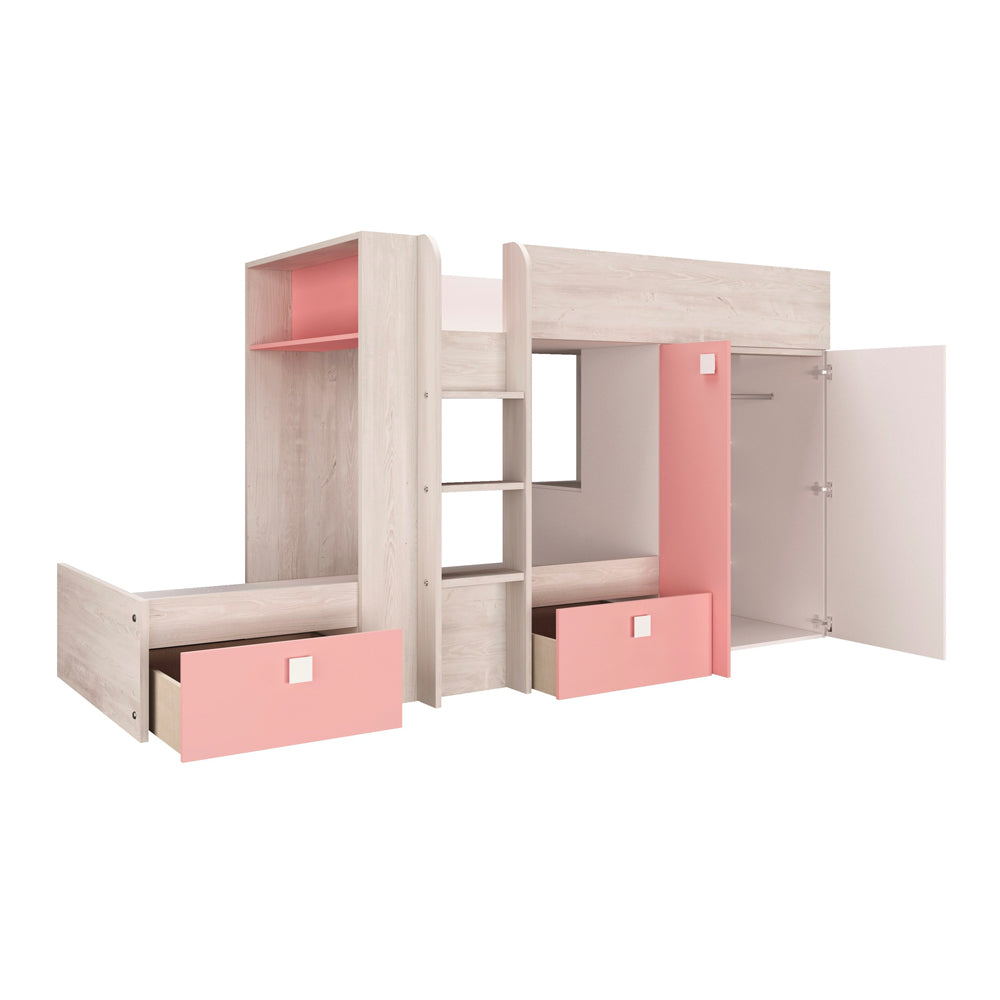 Letto a castello Bunky per due bambini con cassetti e armadio colore bianco consumato e rosa flamingo