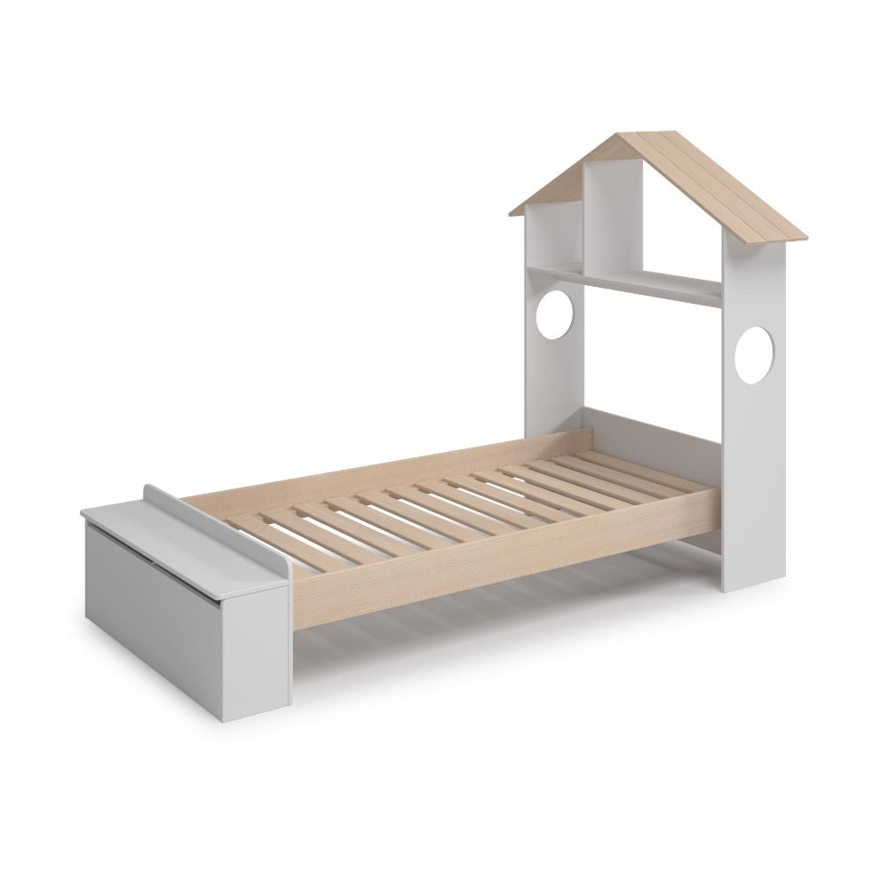 Letto singolo in legno con testiera a casetta e pediera contenitore colore bianco - Odessa