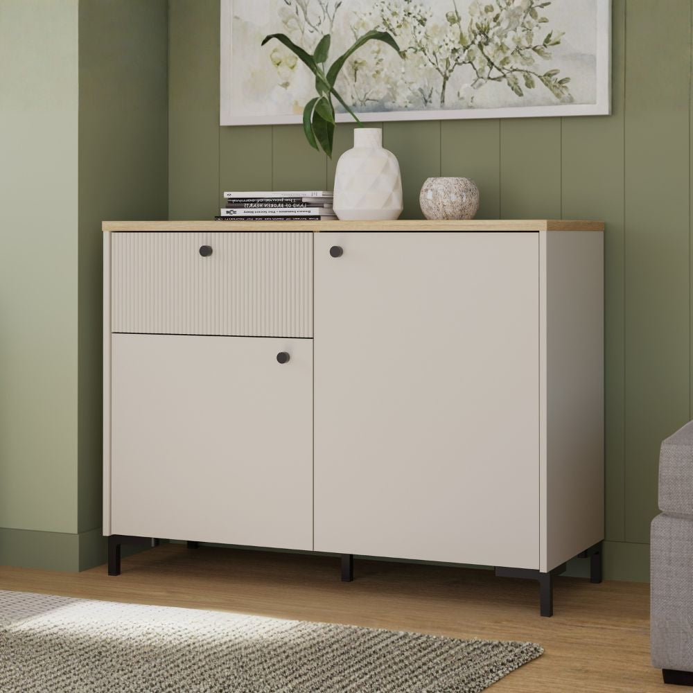 Madia 2 ante, 1 cassetto cannettato e top rovere Unit