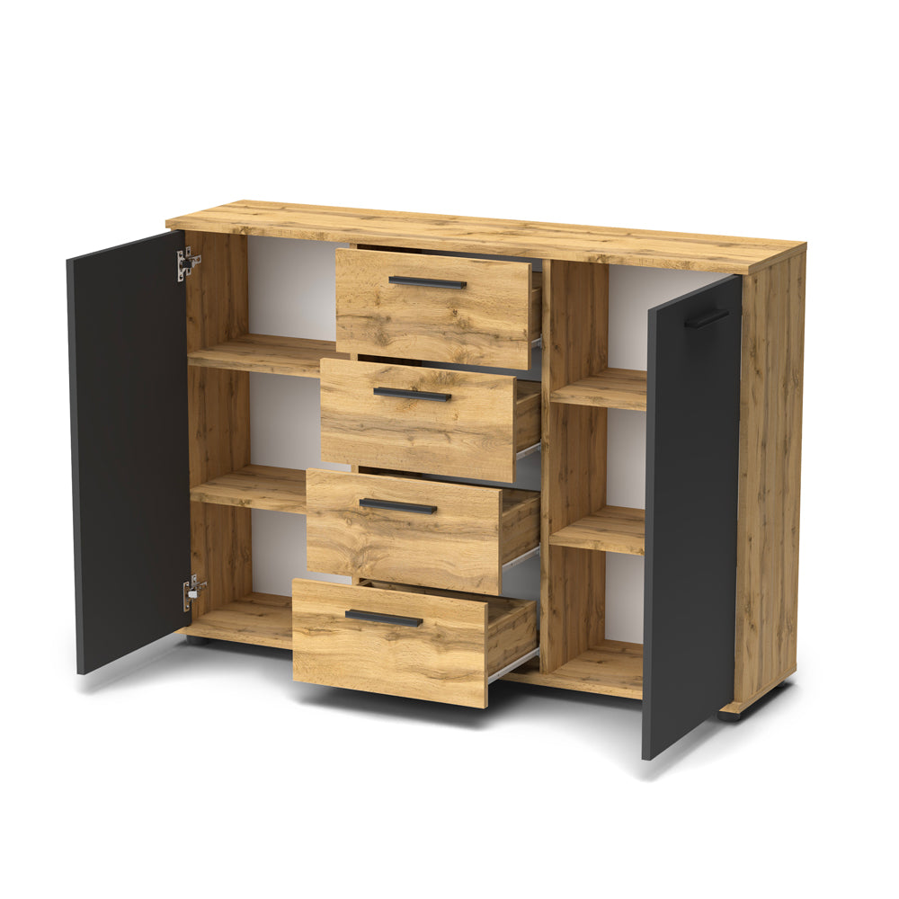 Credenza in legno con ante e cassetti colore rovere e antracite 120 cm - Berno