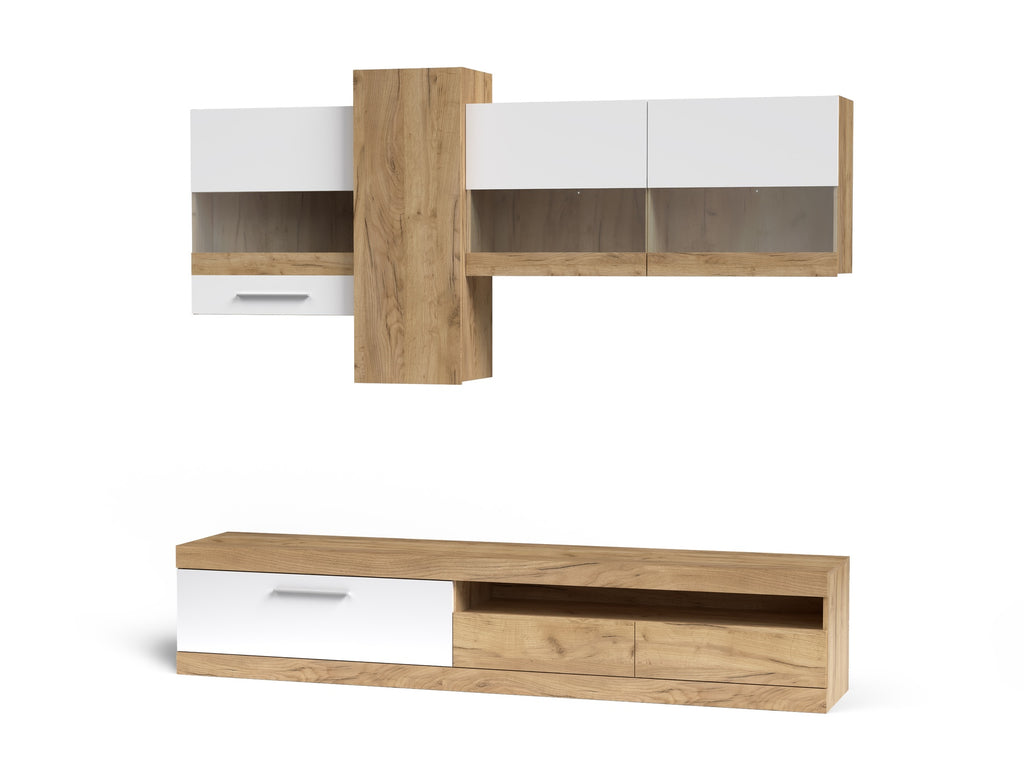 Mur TV 235 cm style moderne couleur chêne et blanc - Tokyo