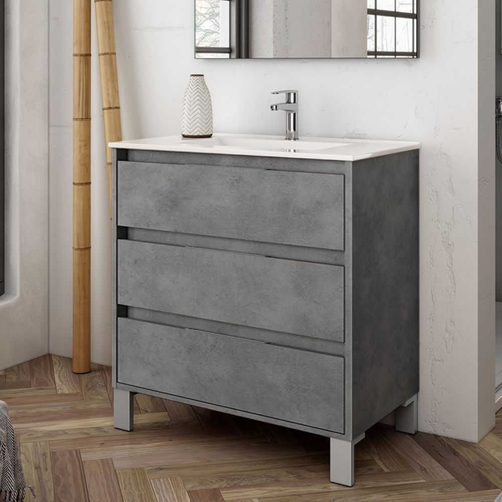 Meuble de salle de bain avec 3 tiroirs couleur ciment 80x45x84H cm - Konni