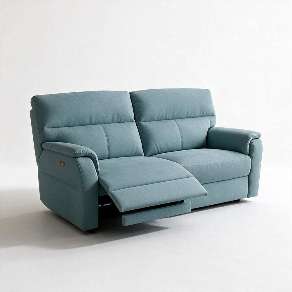 Divano relax 3 posti con 2 recliner elettrici in tessuto idrorepellente azzurro Alice