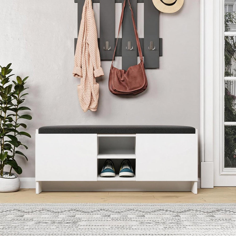 Schuhbank mit Türen und Kissen 110x40H cm weiß - Zulla