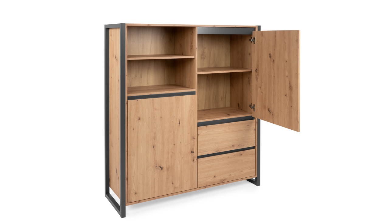 Credenza 120x140h cm con ante e cassetti colore quercia e antracite - Denver 51