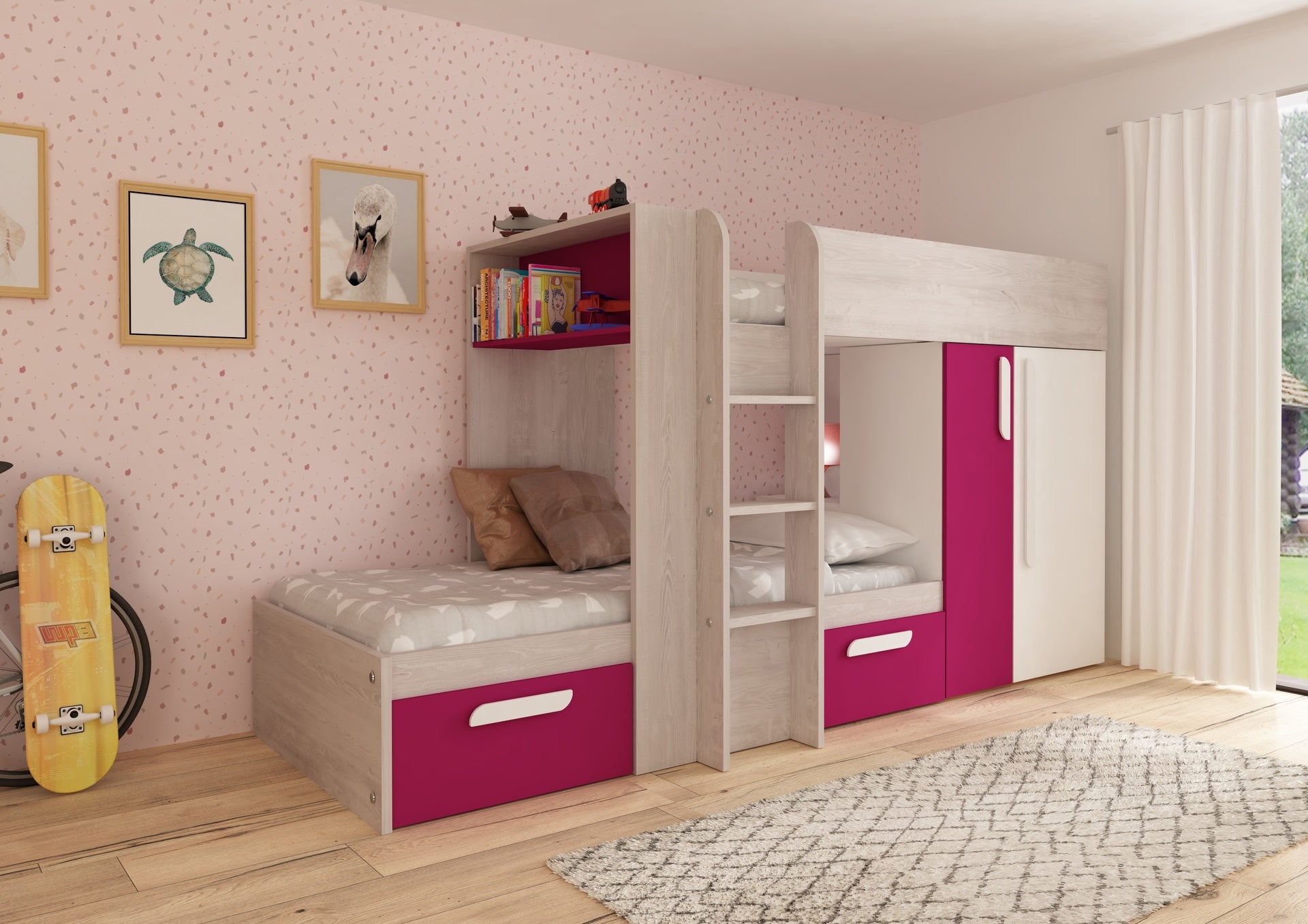 Letto a castello bianco consumato fucsia con armadio e cassetti 1298