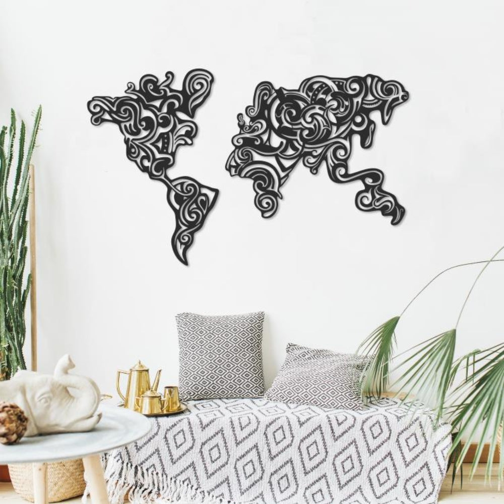 Cornice decorativa mappa continenti stilizzati in metallo colore nero - Tribal