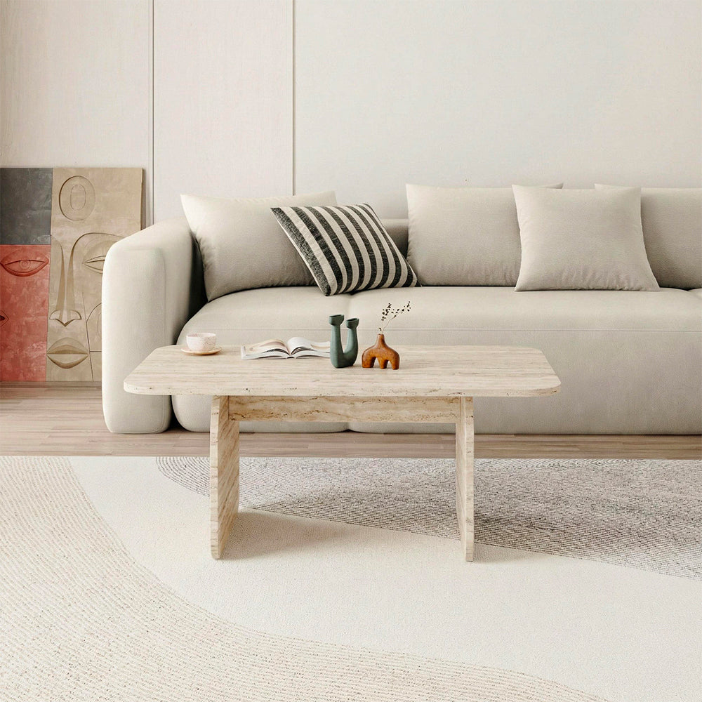 Tavolino da salotto 100x60 cm colore travertino con gambe a pannello e bordi arrotondati Pietra