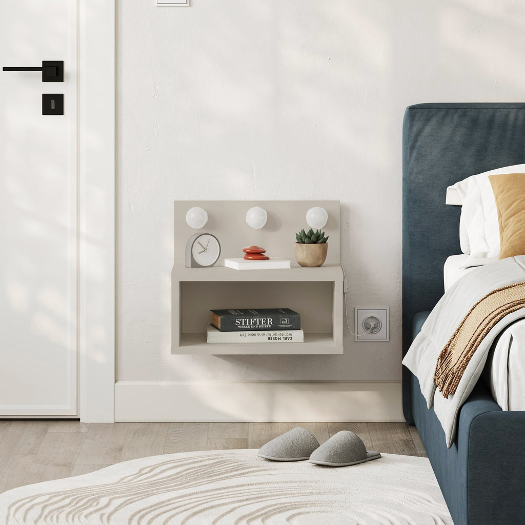 Comodino sospeso con luci LED integrate e vano a giorno colore cashemere Treo