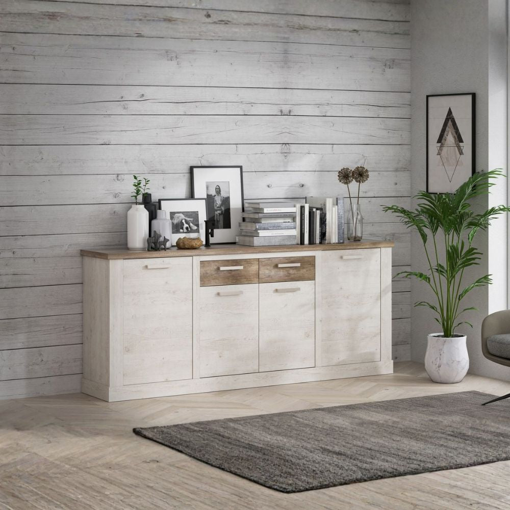 Madia 4 ante e 2 cassetti 213 cm pino bianco con top rovere antico Flux