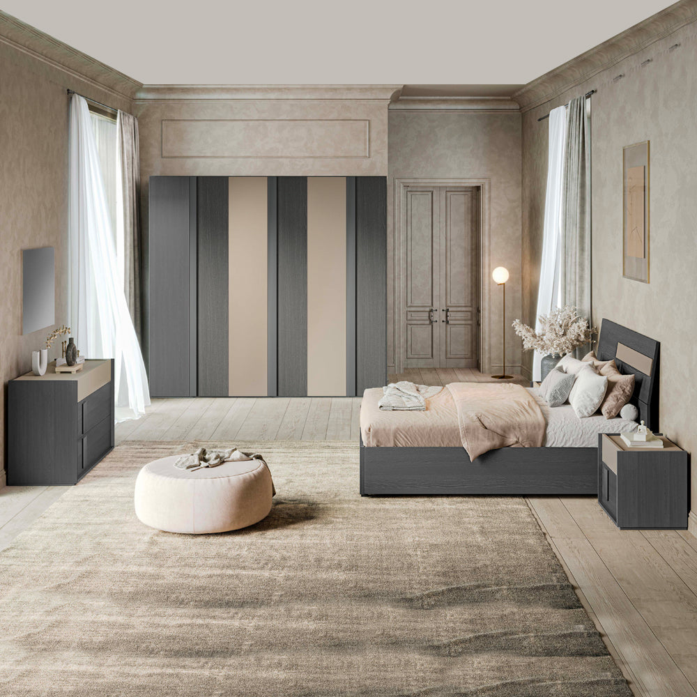 Camera da letto completa con letto contenitore e armadio 6 ante battenti colore grigio e talco - Faba