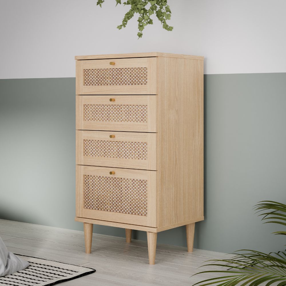 Cassettiera 4 cassetti in rovere con dettagli effetto Rattan 50.4x41.4x109H Livia