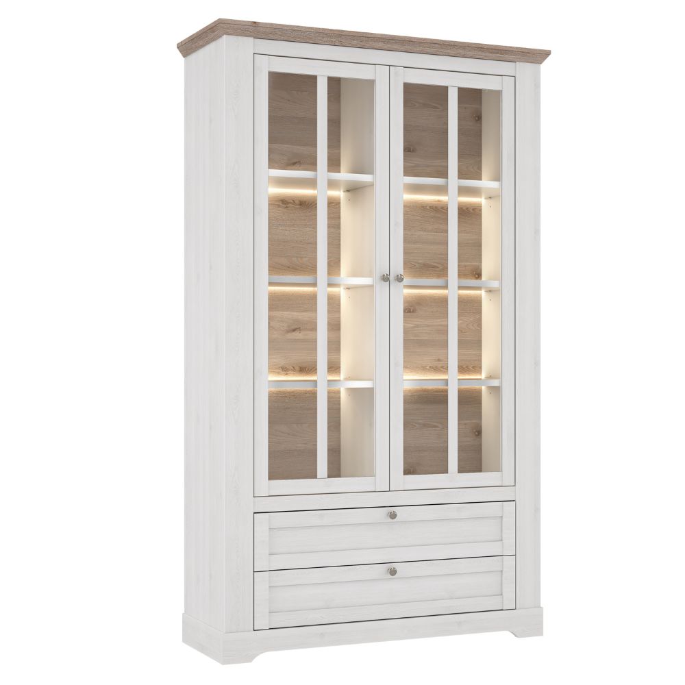 Vetrina 2 ante in vetro, 2 cassetti e luci LED rovere bianco neve e olmo scuro Forma