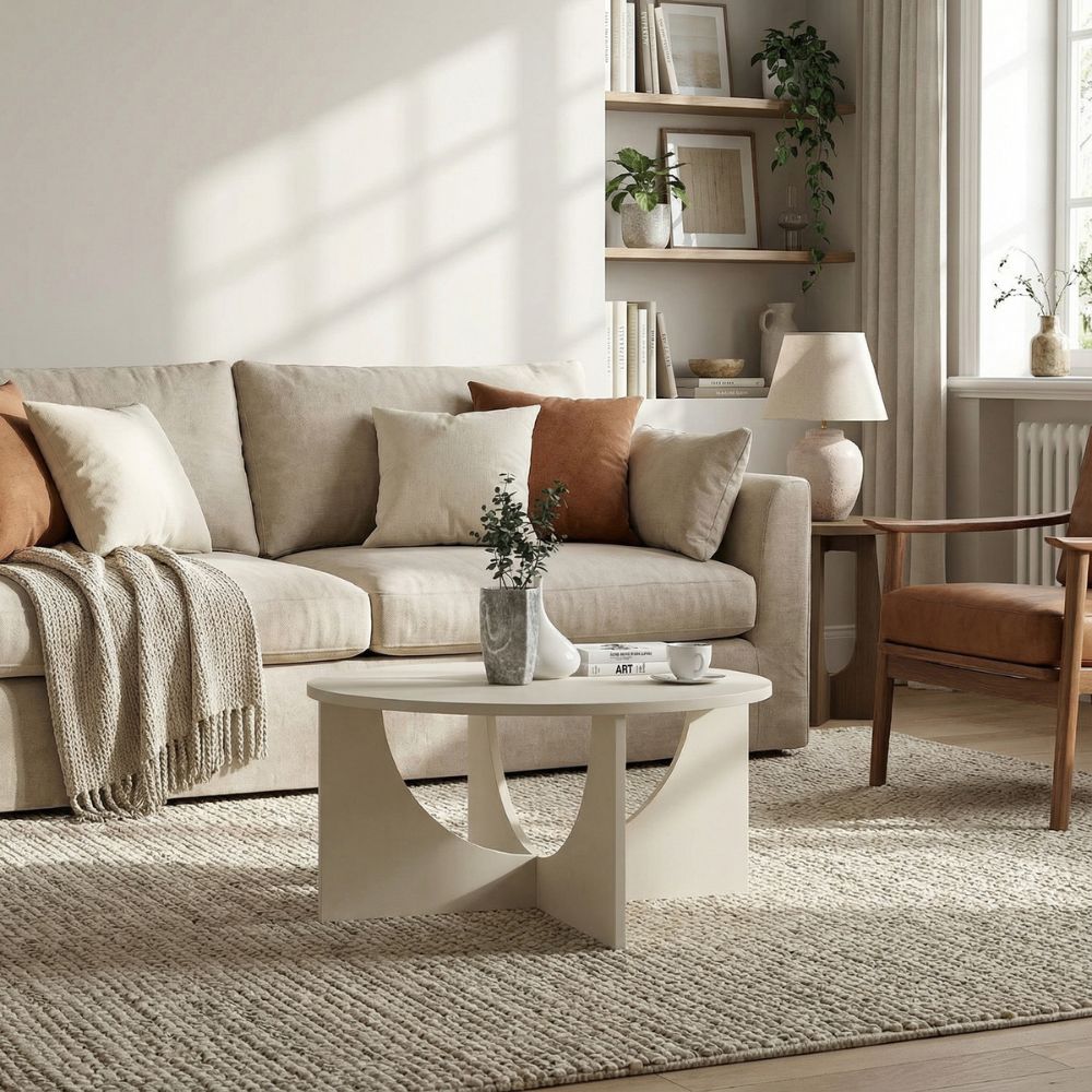 Tavolino da salotto rotondo cashmere con base a croce e intagli ad arco Lemmar