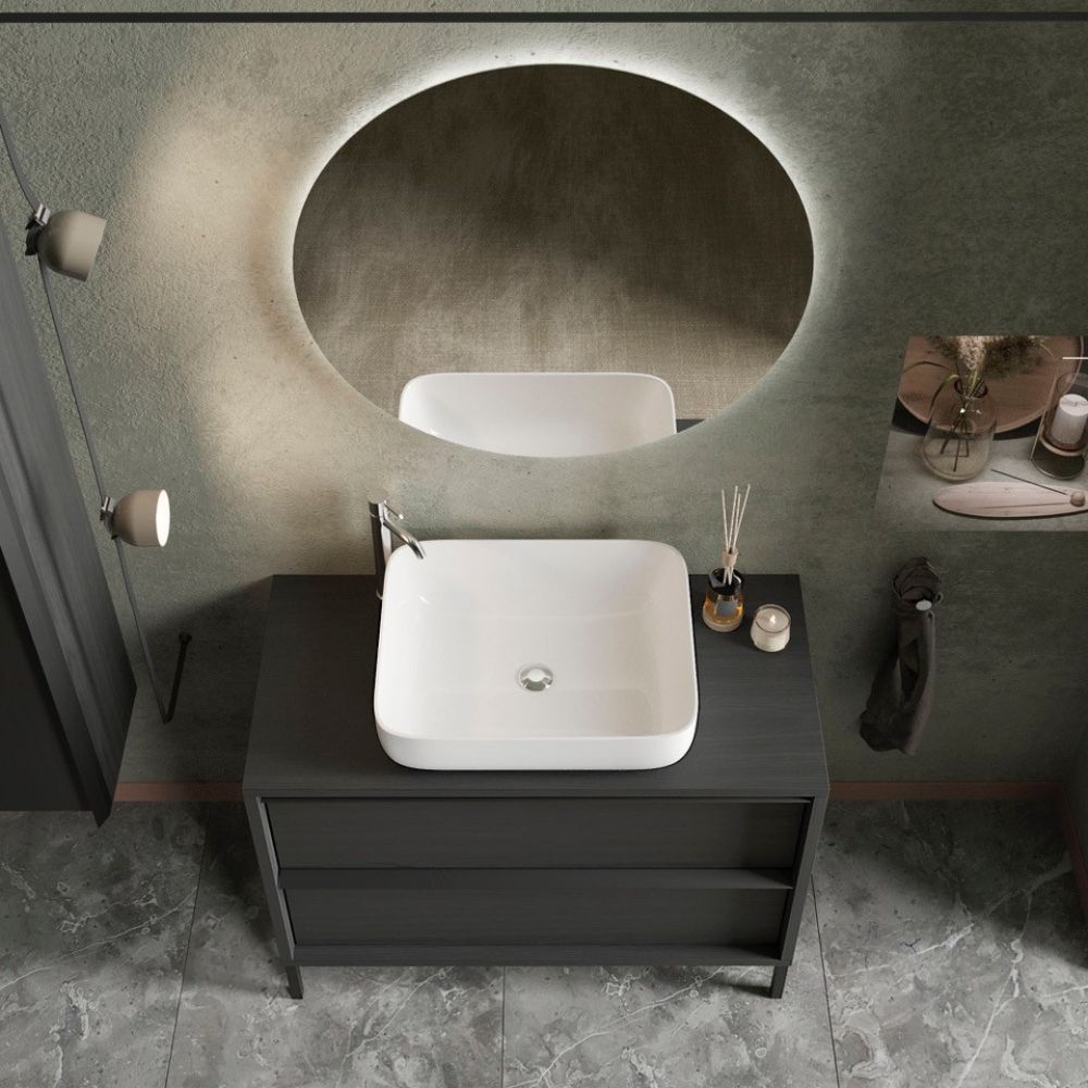 Meuble de salle de bain noir frêne avec tiroirs et lavabo à poser inclus 105x78H cm - Nesto