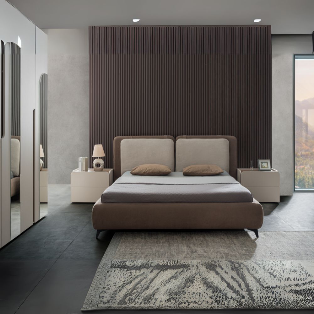 Camera da letto completa armadio 6 ante con specchi e letto contenitore colore cashmere e olmo biscotto - Tatido