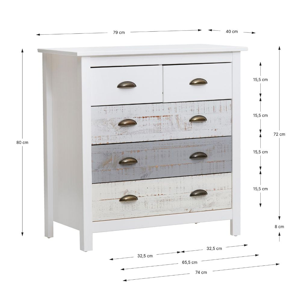 Comò in legno massiccio con 5 cassetti colore bianco grigio e crema 79x40x80H cm - Romantica