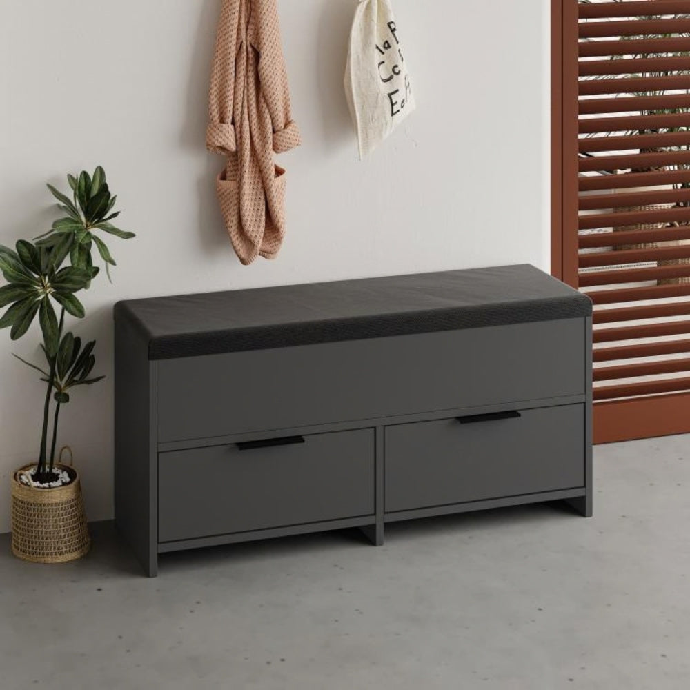 Panca scarpiera con seduta imbottita, 2 ante a ribalta e vano superiore 106 cm colore antracite Cove