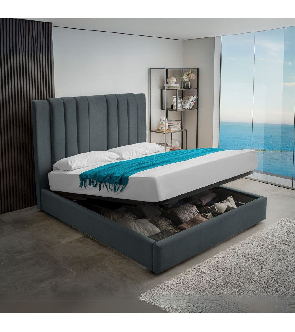 Letto matrimoniale con contenitore in tessuto vogue colore blu pacific - Stefy