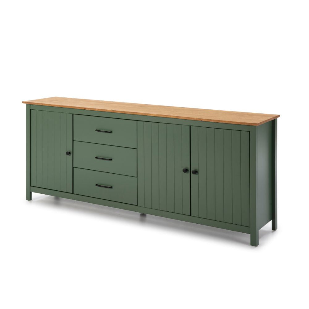 Credenza in legno massiccio con 3 ante e 3 cassetti colore verde e pino 191x40x80H cm - Vanda