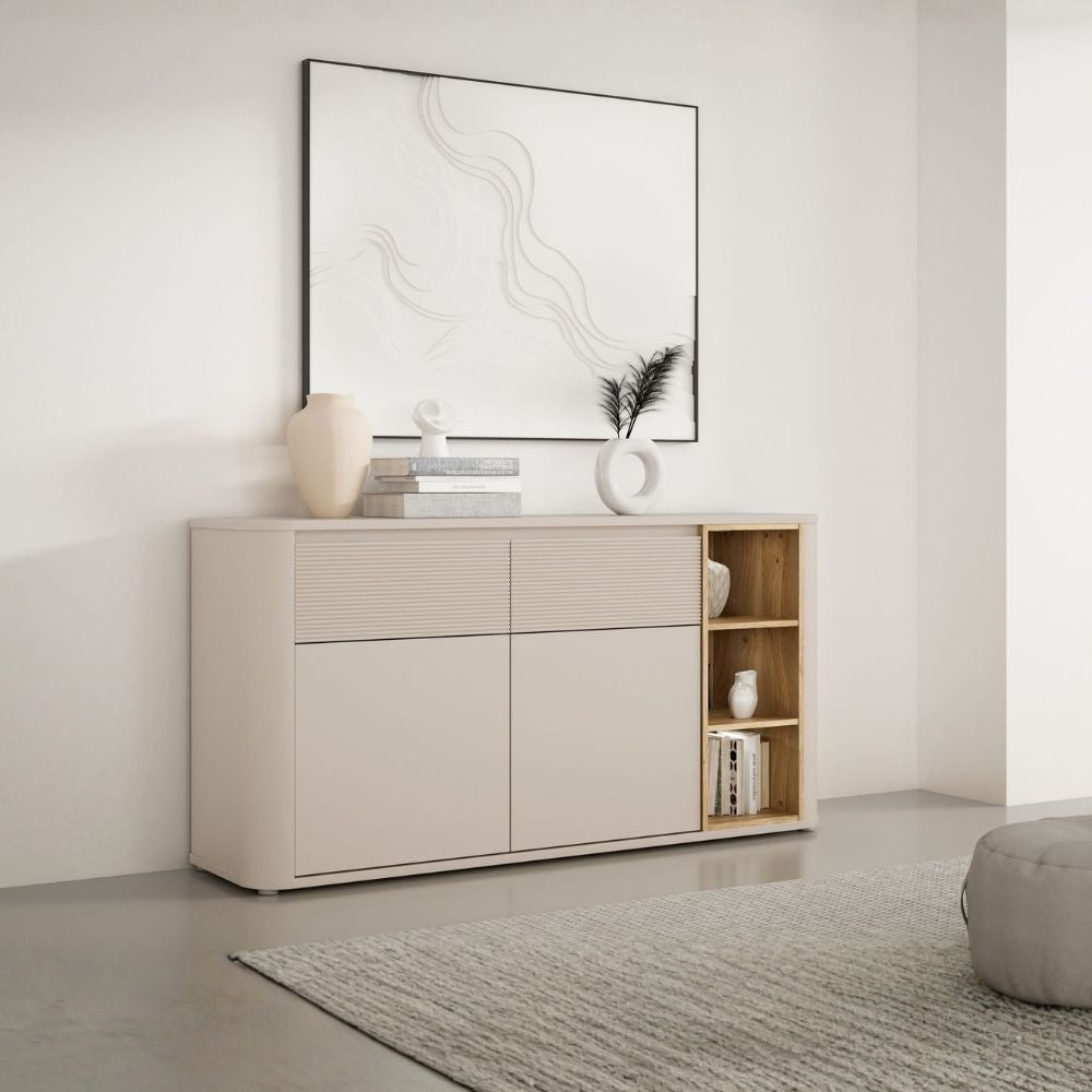 Madia 2 ante 2 cassetti e vani a giorno 160 cm cashmere e dettaglio rovere Origin Core