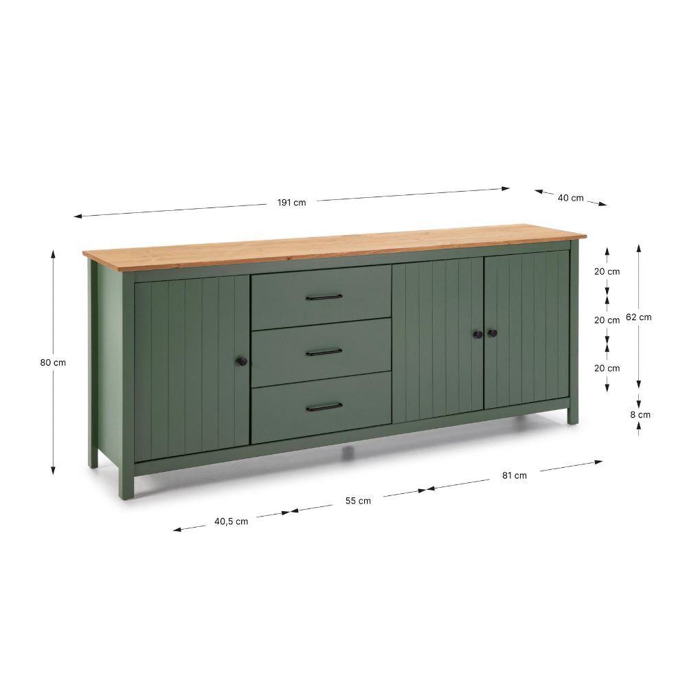 Credenza in legno massiccio con 3 ante e 3 cassetti colore verde e pino 191x40x80H cm - Vanda