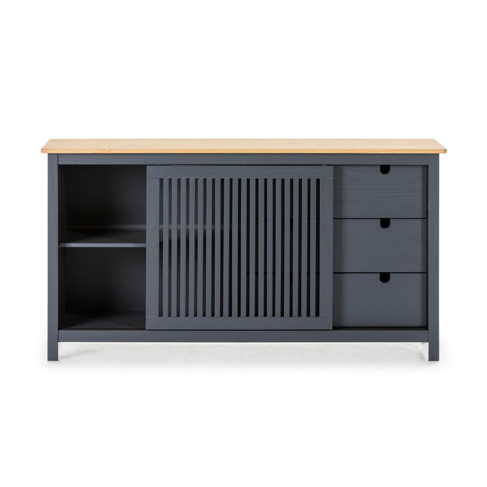 Credenza in legno massiccio con anta scorrevole e 3 cassetti colore grigio antracite e pino 150x40x80H cm - Gaia