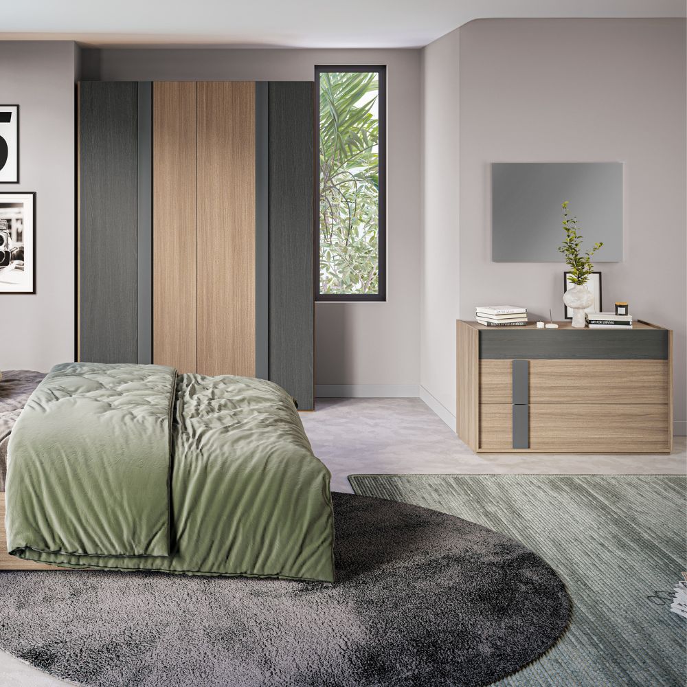Camera da letto completa con letto contenitore e armadio 6 ante battenti colore grigio e noce - Faba