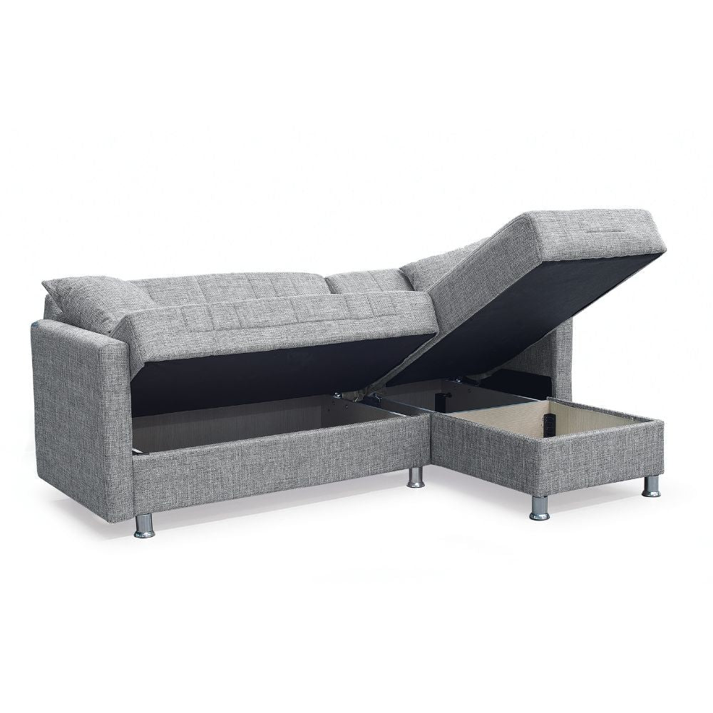 Divano letto con penisola contenitore reversibile tessuto grigio 200x134x80H Oasis