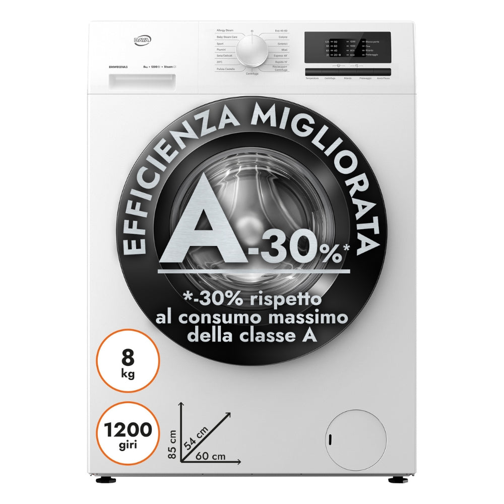 Lavatrice carica frontale 8 kg Inverter 1200 giri bianco classe A Daya DHW812IVA3
