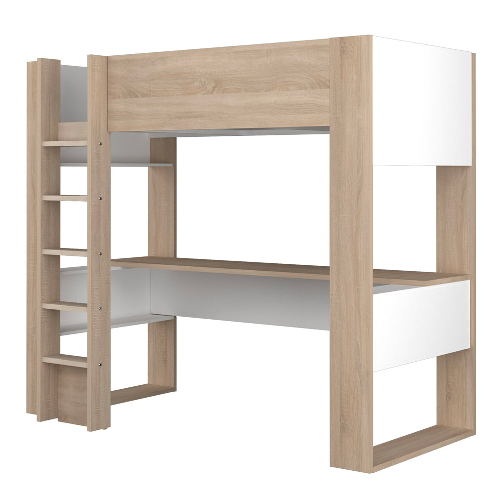 Chambre d'enfant avec lit mezzanine et bureau intégré blanc et chêne