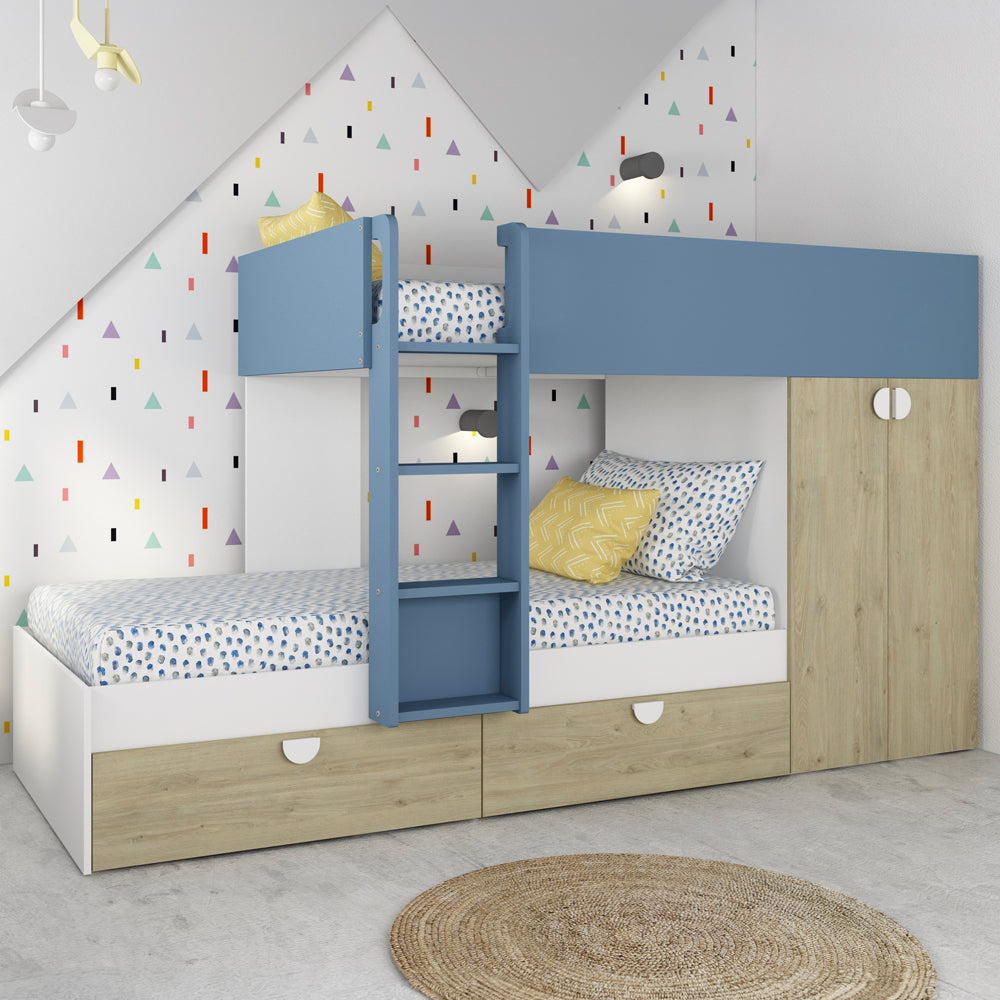 Letto a castello Gilbo per due bambini con armadio e cassetti colore rovere e azzurro