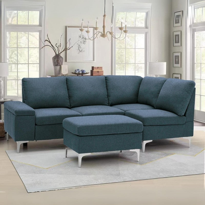 Divano angolare destro tessuto grigio blu con bracciolo porta oggetti 218X172X87H - Dina