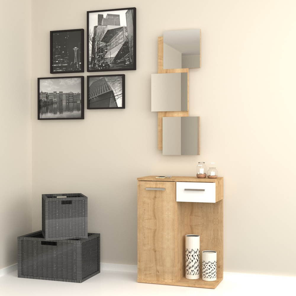 Mobile da ingresso 60x79h cm con specchi, anta e cassetto colore rovere e bianco - Lion