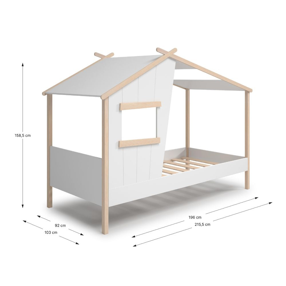 Letto singolo a forma di casetta in legno massiccio colore bianco - Nidin