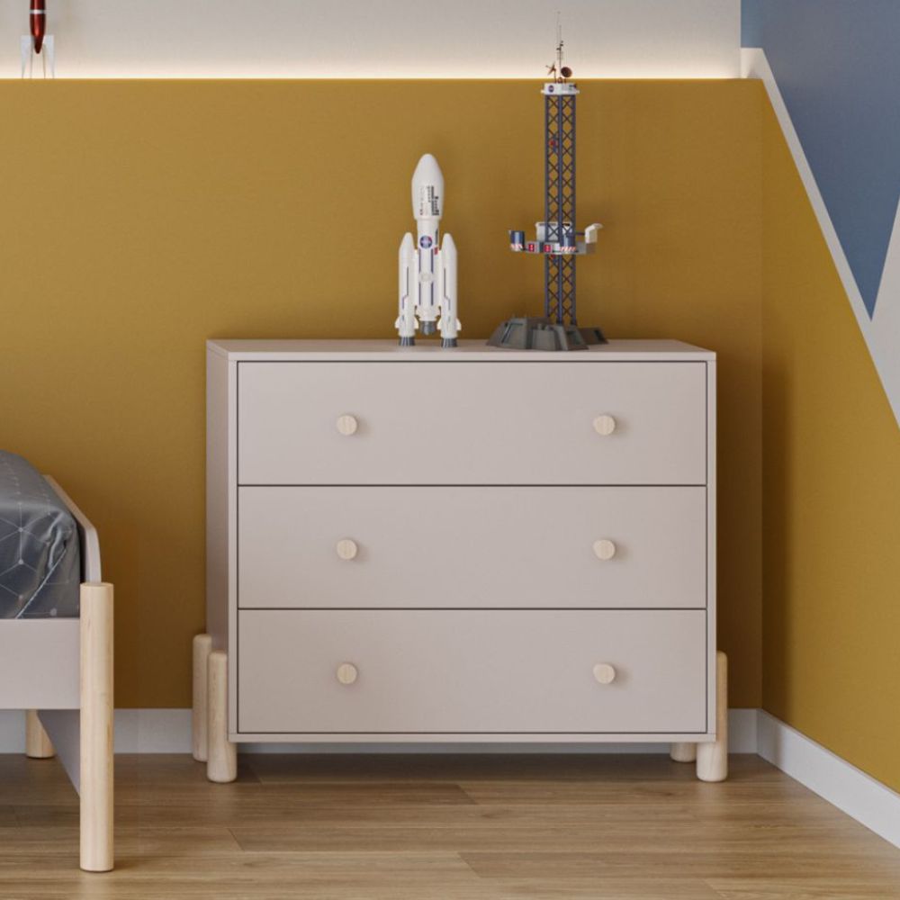 Cassettiera in legno massiccio con 3 cassetti beige e gambe in pino naturale 90x40x80H Enola