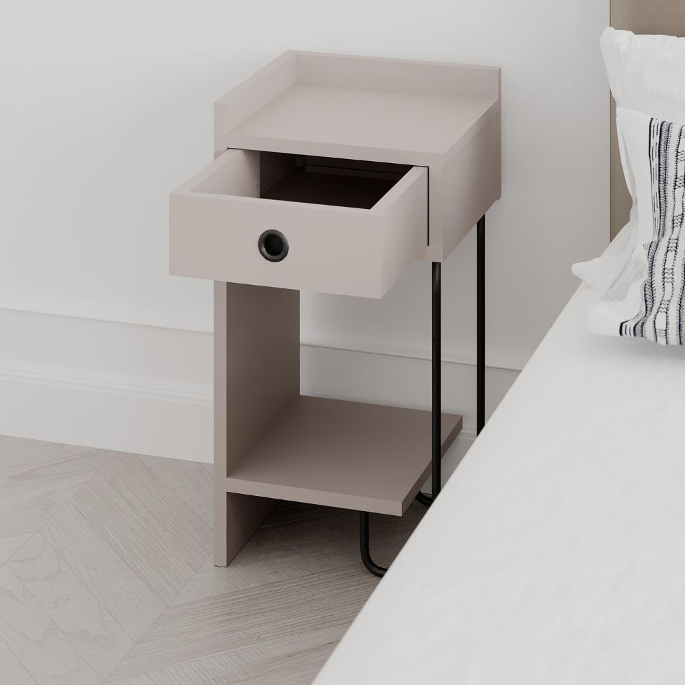 Comodino con cassetto e gamba in metallo nero sinistro colore tortora Sirius