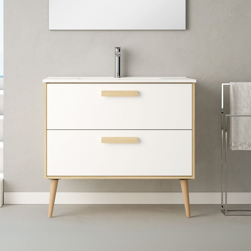 CNB074RJ BADMÖBEL-SET NORDIC EICHE-STRUKTUR UND WEISSE FRONTEN MIT ZWEI SCHUBLADEN 80*45*85 CM H FÜSSE 26,5