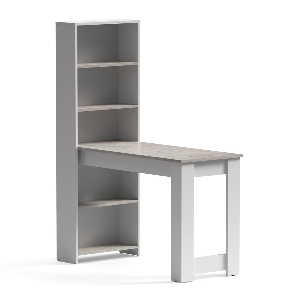 Tavolo penisola con libreria integrata bianca e piano effetto cemento Mojo02